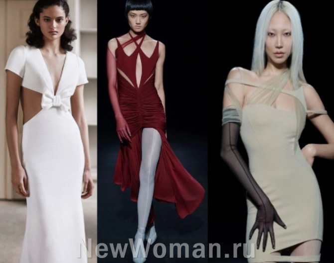 выпускные платья 2021 года - модели с вырезами на талии, на подоле и груди
