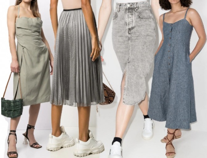 летняя стильная одежда 2021 года в серой цветовой гамме - платья, джинсовая карандаш и плиссированная модель юбки в ансамбле с кроссовками белого цвета или босоножками