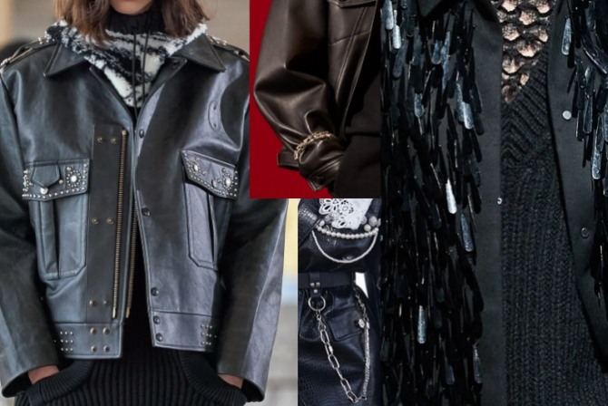 какой декор женских курток 2022 года актуальный - металлический: кнопки, заклепки, цепи, пластины-подвески