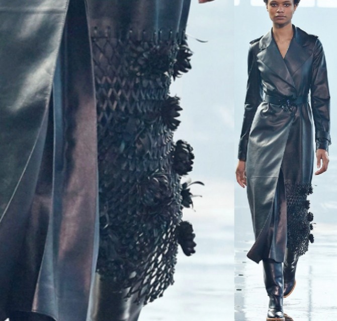 кожаный черный женский плащ прямого силуэта, декорированный цветочными аппликациями - мода сезона осень-зима 2021-2022