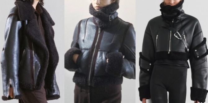 модели самых модных зимних женских курток 2022 года разной длины - из черной кожи с черным мехом, молниями, клепками и накладками на груди и рукавах