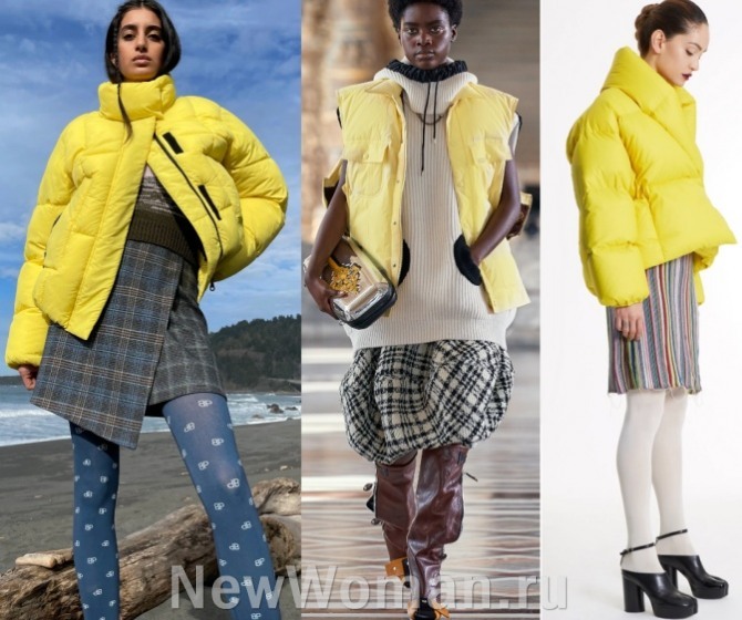 женские тренды в сегменте курток осень-зима 2021-2022 - модели желтого цвета с модных показов
