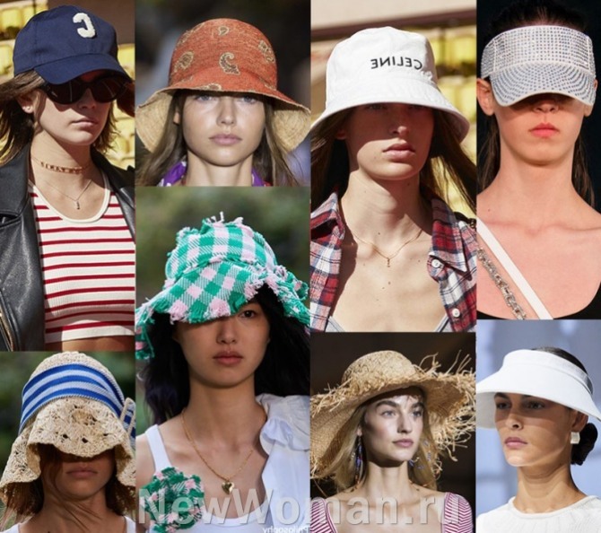 Модные головные уборы для курорта, отпуска и пляжа, на фото - главные тенденции летней моды 2021 года: бейсболки, кепи, панамы и шляпы