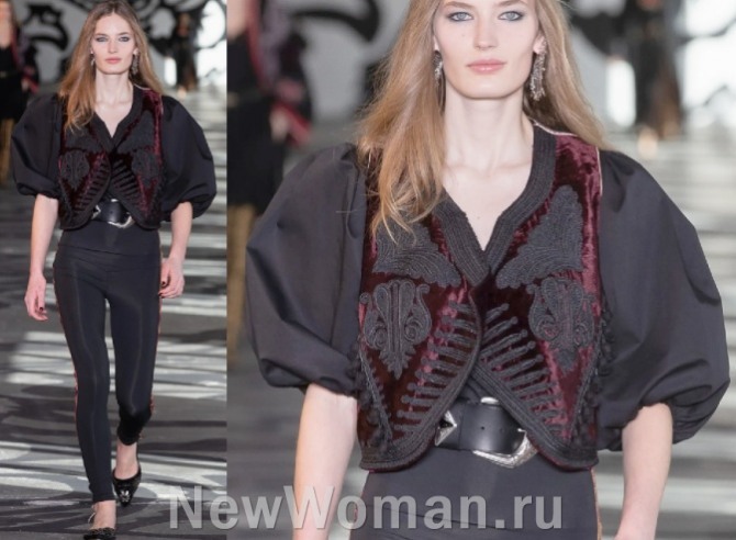  миланская мода 2022 - комбинированная блузка с вышивкой и пышными рукавами до локтя
