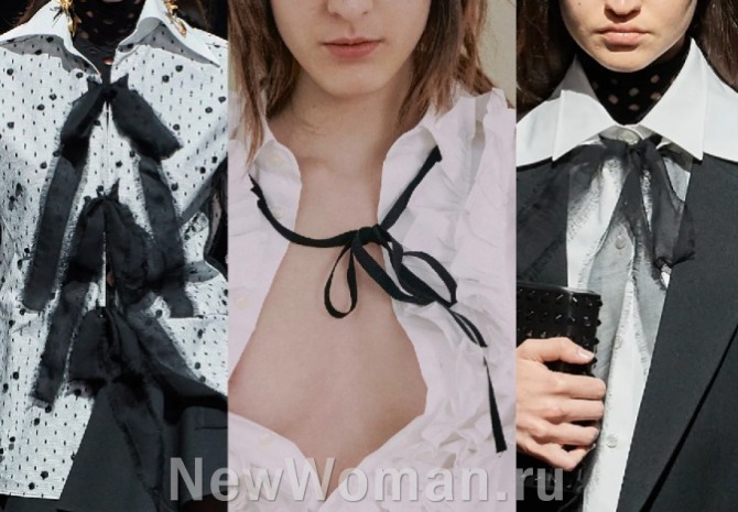 тренды блузок 2022 года - модели с черными ленточными завязками и галстуками-бантами