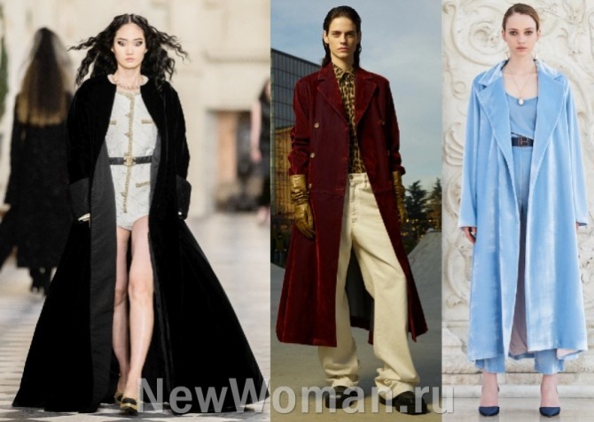 модные женские пальто 2022 года из черного, голубого и бардового бархата - стильные луки с Недель европейской моды