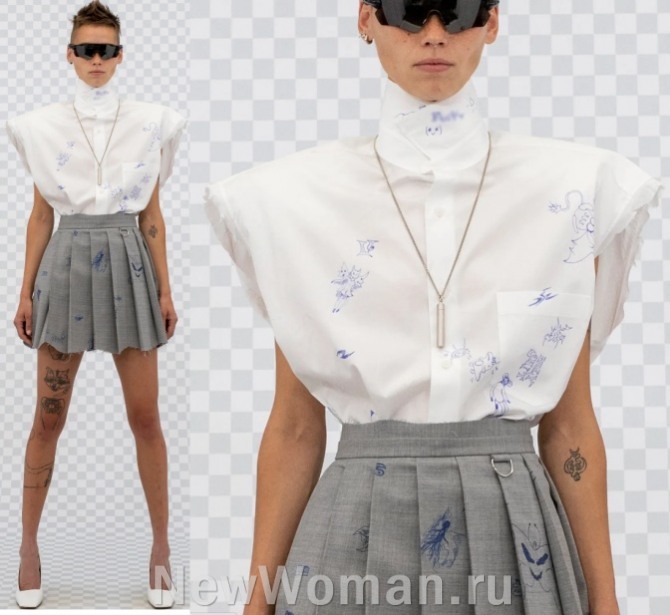 летняя белая блузка без рукавов с акцентными широкими плечами и мультипринтом от бренда Vetements весна-лето 2022 года