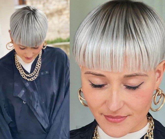 женские осенние стрижки 2021 - гарсон с прямой гладкой челкой на платиновых волосах