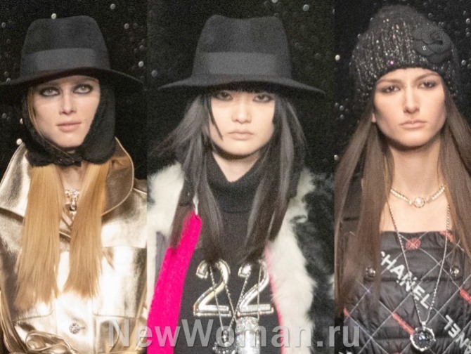 модные черные шляпы из фетра и вязаная с декором-цветком модель от бренда Chanel на сезон осень-зима 2021-2022 года