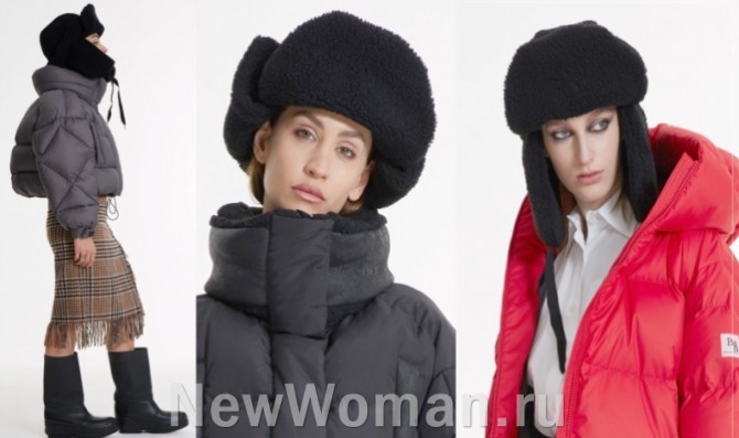 черная зимняя шапка-ушанка в ансамбле с зимней курткой осень-зима 2021-2022 - фото новинок с Недель европейской моды