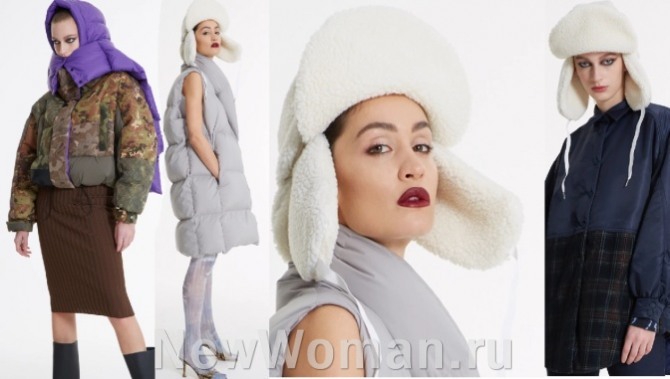 капюшоны к дутой курте и женские ушанки белого цвета из искусственной овчины от бренда Bacon 2021 год