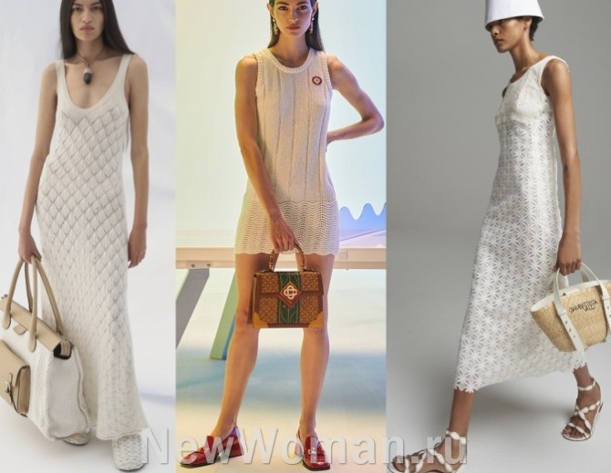 с какими сумками носить летние платья 2022 года - трикотажное платье-майку и длинное узкое платье из кружевного полотна - дизайнерская мода 2022 года