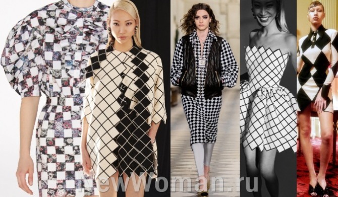 тренды в принтованных платьях 2022 года - геометрический орнамент: ромбы, шахматная клетка, косая клетка