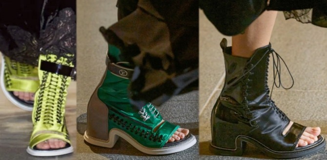 самая модная обувь весна-лето 2022 - сатиновые ботильоны с открытым мысом и шнуровкой от бренда Louis Vuitton