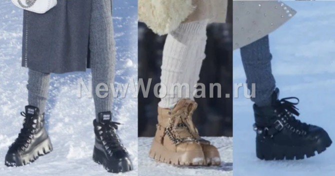 фото модных зимних женских ботинок чанки 2022 года на протекторной высокой брутальной подошве, с ремнями и металлическими клепками и цепями- идеи от бренда Miu Miu