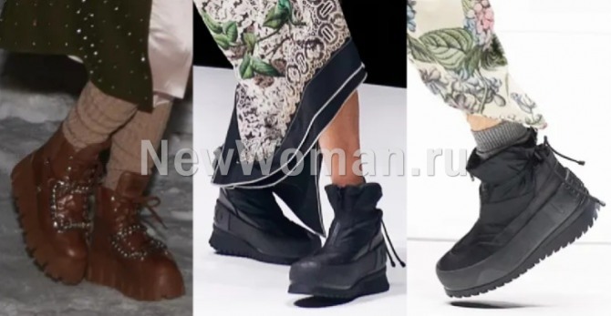 тренды женских зимних ботинок от бренда Kenzo - дутыши на платформе, на резинке, на протекторной подошве - новинки 2022 года