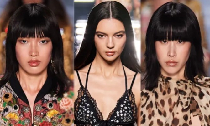 черные длинные волосы на моделях с показа весна-лето 2022 от Dolce & Gabbana