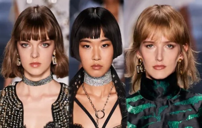 тренды для женских волос весна-лето 2022 Dolce & Gabbana - стрижки средней длины с челкой