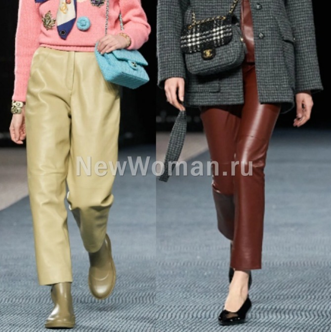 женские брюки 2023 года из искусственной цветной кожи - коллекция Chanel