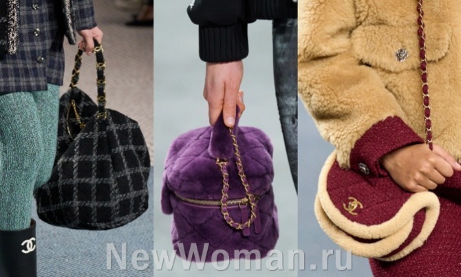 модели зимних модных сумок из меха и твида от бренда Chanel