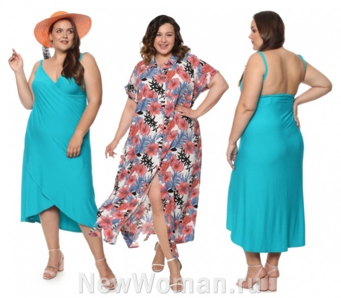 пляжный стиль лето 2022 для полных женщин - пляжные платья, однотонные и с рисунком на ткани - фото