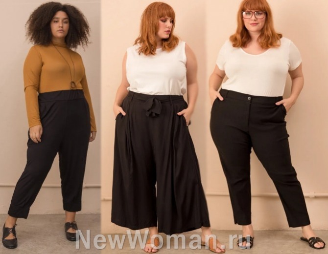 какие модели женских черных брюк для женщин с широкими бедрами и талией в тренде в сезоне весна-лето 2022 года - фото с чем носить и сочетать