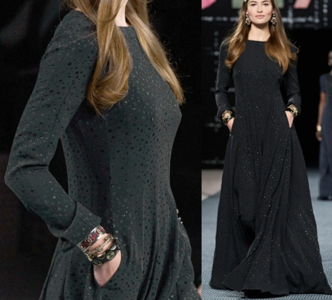 вечернее платье зимнего сезона 2023 от бренда Chanel - модель макси из тонкого велюра со стразами