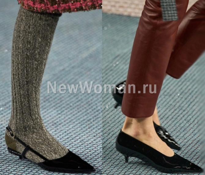 модели трендовых туфель высокой моды на 2023 год - женские туфли с "кошачьим" каблуком киттен хиллс с модного показа Шанель