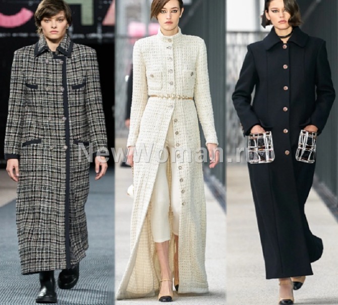 фото моделей женских пальто макси 2023 года от бренда Chanel из твида и шерсти