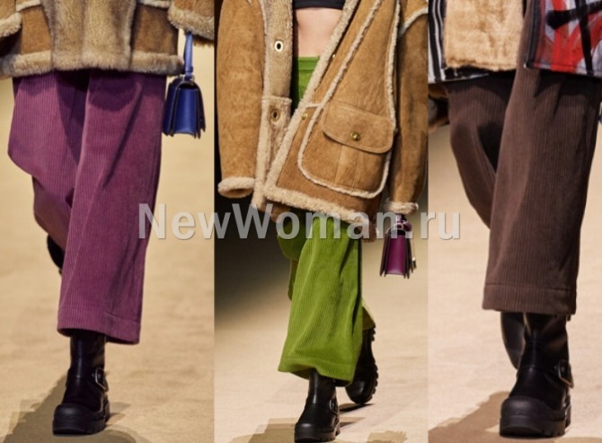  тренды женских брюк 2023 года - модный дом Coach предлагает модели брюк из цветного вельвета