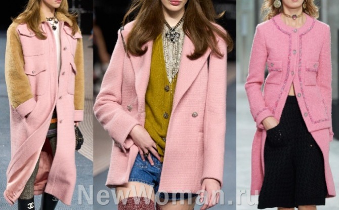  в 2023 году весной и осенью будут популярны пальто для девушек розового цвета - фото от бренда Chanel