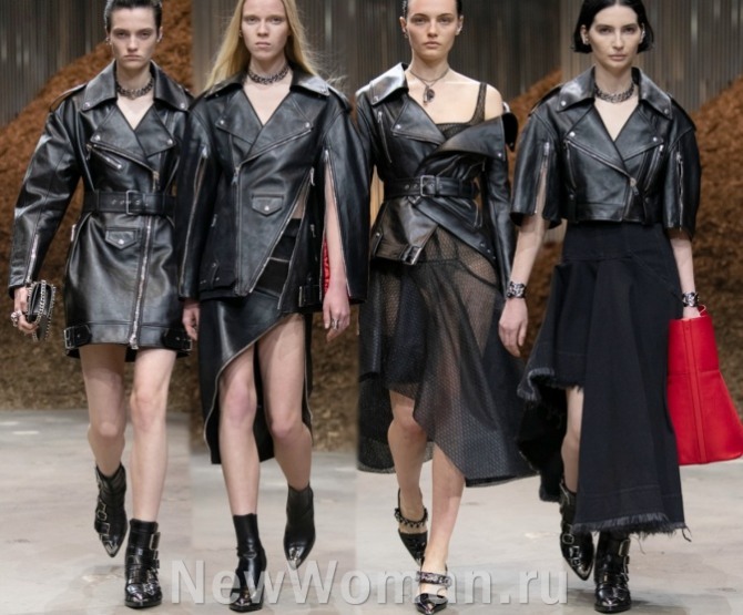 черная кожаная косуха 2023 года разной длины со множеством молний - тренды в женских куртках от бренда Alexander McQueen