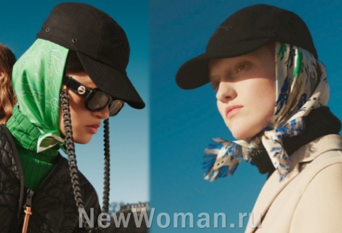 горячие тренды в моде на женские головные уборы на весну и осень 2023 года - черная бейсболка поверх шелкового платка