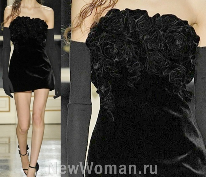 тренды в декоре вечерних палтьев для девушек - цветочные аппликации на черном бархатном платье