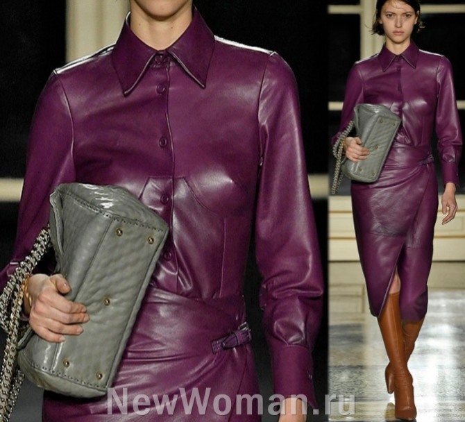 кожаная сливового цвета блузка-рубашка в деловом стиле - тренды 2023 года, миланская неделя моды