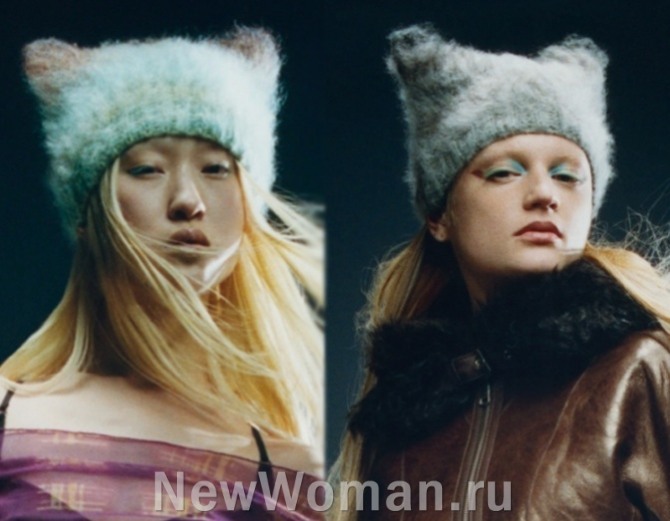 фото самых модных зимних вязаных шапок для девушек 2023 года - с ушками и рожками