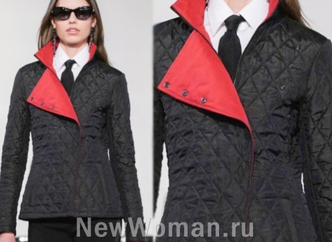черная женская приталенная стеганая куртка с красным подкладом - тренды курточной моды 2023 от бренда Ralph Lauren (Нью-Йоркская неделя моды)