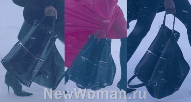 модные сумки 2023 года с миланской недели моды от бренда Balenciaga - фото сумки-торбы с молниями, затягивающейся на шнур