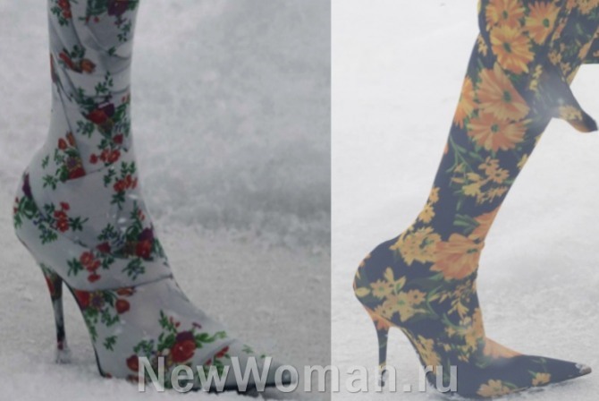 тренды в женских сапогах с Парижской недели моды на 2023 год - сапоги-чулки на шпильке с цветочным принтом от Balenciaga