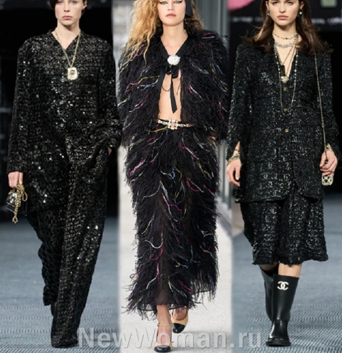 высокая мода от французского бренда Chanel - вечерние черные костюмы 2023 года из дорогих тканей - модели с брюками и юбками