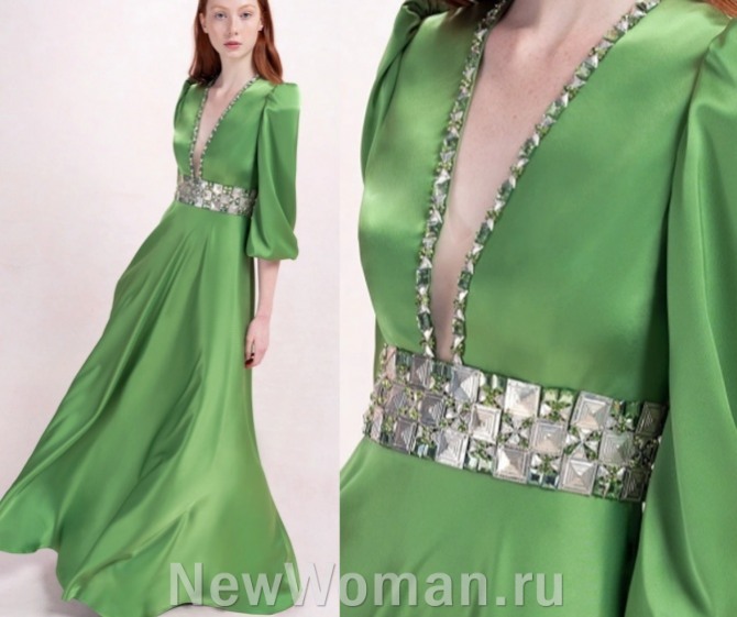 салатовый цвет атласного вечернего платья макси с металлизированным декором