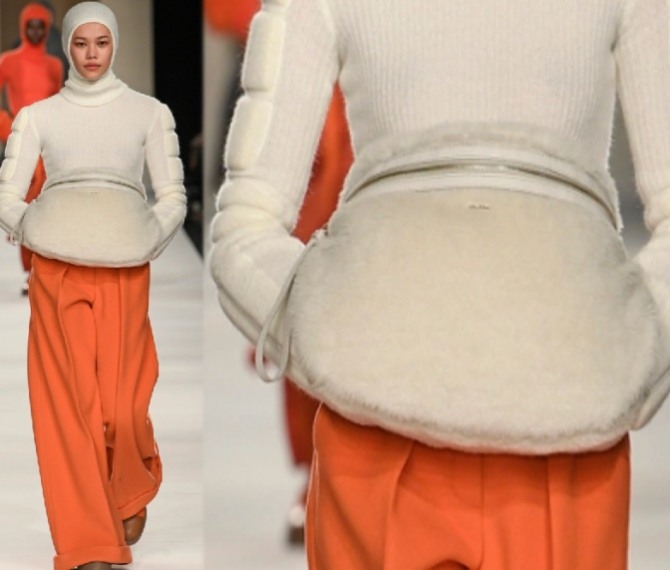 женские тренды в моде на сумки 2023 - меховая поясная большая сумка на молнии от бренда Max Mara (Италия)