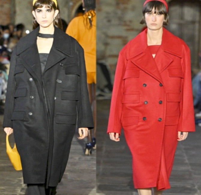 черное и красное двубортное пальто-кокон (бочонок) - тренды в моде на женское пальто 2023 года, Eudon Choi (Лондонская неделя моды)