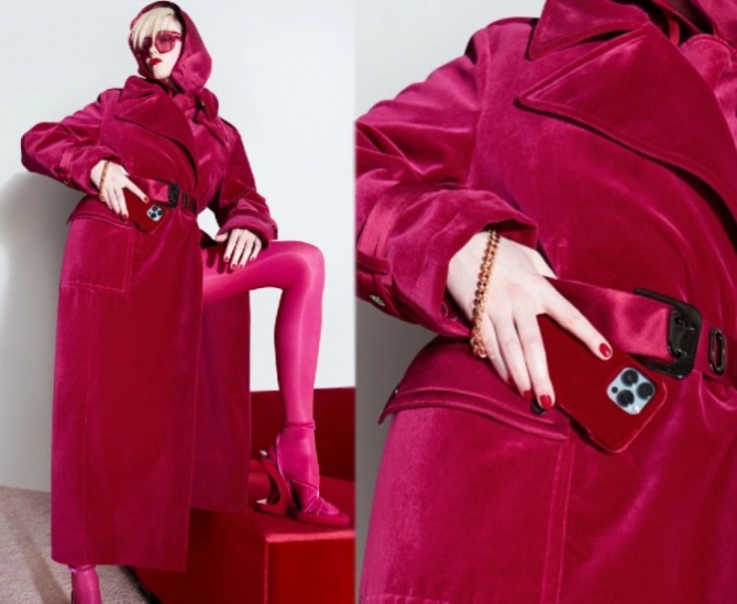 красное велюровое пальто мидакси с запахом, поясом и воротником костюмного типа