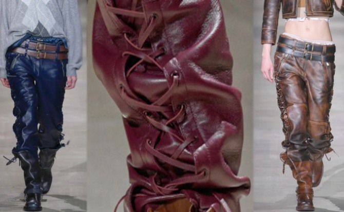 какие женские брюки модные осенью и зимой 2023 года - модели из цветной кожи с боковой шнуровкой