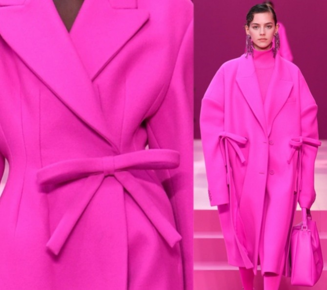 розовое пальто с декором из бантов на талии