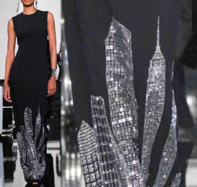 вечернее черное платье макси без рукавов с блестящими аппликациями на подоле в виде небоскребов