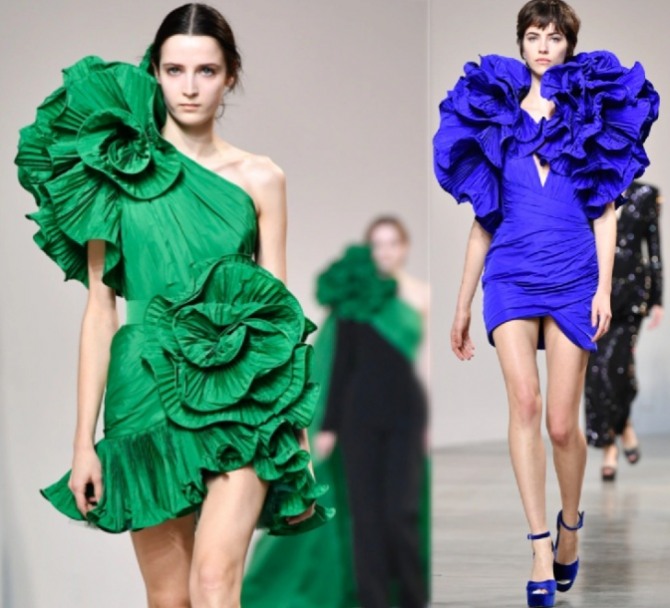 выпускные роскошные короткие платья зеленого и пурпурно-синего цвета с облаком оборок - тренды 2023 года