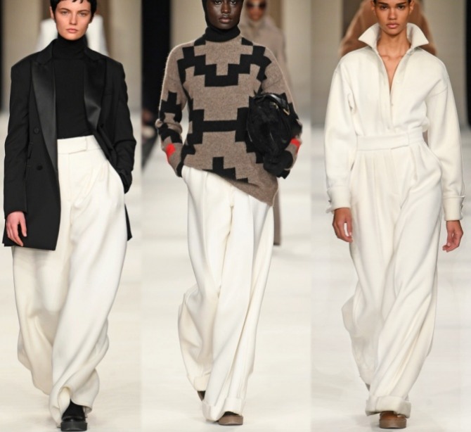 какие женские брюки самые модные в 2023 году - широкие, с высокой посадкой, белого цвета - Max Mara (Миланская неделя моды)