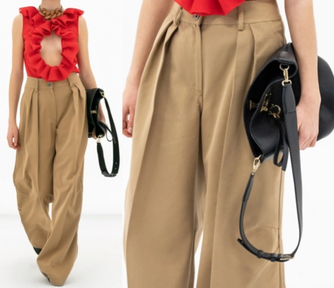 какие брюки модные весной 2023 года - женски чинос (бананы) бежевого цвета, фото с показа Salvatore Ferragamo (Миланская неделя моды)